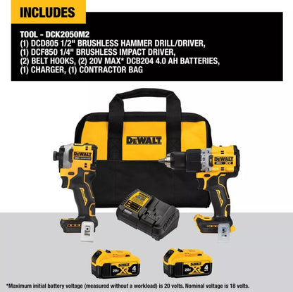 DeWALT DCK2050M2 20V MAX XR Cordless Hammer Drill / Impact Driver Combo Kit